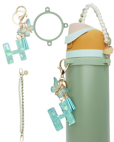 TOVICE Letter Accessories for Owala Water Bottle 24-40oz, 3PC Cute Initial Keychain & Water Bottle Handle Strap with a Thick Elastic Silicone Ring Holder (Mint Green, H)