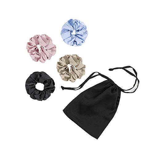 SILKFARMER 4 Pack 100% Pure Silk Charmeuse Scrunchies - Rugular -Scrunchies for Hair - for Women Hair Ties for Frizz & Breakage Prevention Soft Hair Care