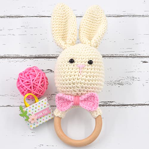 Image of Love Crochet Art Animal Shape Crochet Rattle Cum Soft Toy for Infant, Kids & Babies, Early Age Gift Toys (Bow Rabbit - Cream)