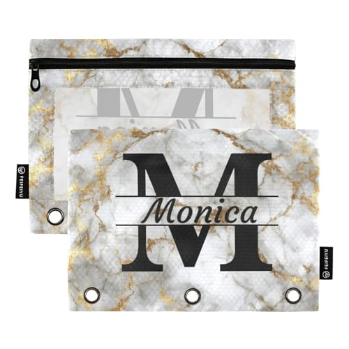 Custom Binder Pouches for 3 Ring Gold Marble Vintage Personalized Name Pencil Pouches Case with Zipper for Office School College Supplies 2 Pack