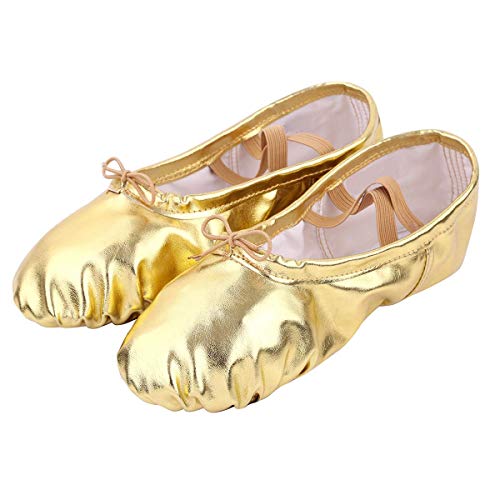 Nexete Leather Shoes In Gold Silver Split-Sole Slipper Flats Ballet Dance Shoes For Toddler Girl Women (Toddler 7 M, Gold) #TOP1