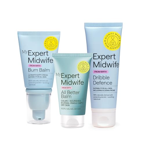 My Expert Midwife Newborn Baby Mega Mild Skin Saviours Kit Clean Natural Ingredients Suitable for Sensitive Skin + Fragrance Free Set of 3 with Baby Nappy Cream All Better Balm Dribble Defence