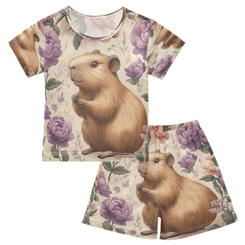 Pajama Sets Short Sleeve Floral Guinea Pig Pattern Soft Cotton Summer Sleepwear 2 Piece PJS Size 5-14T