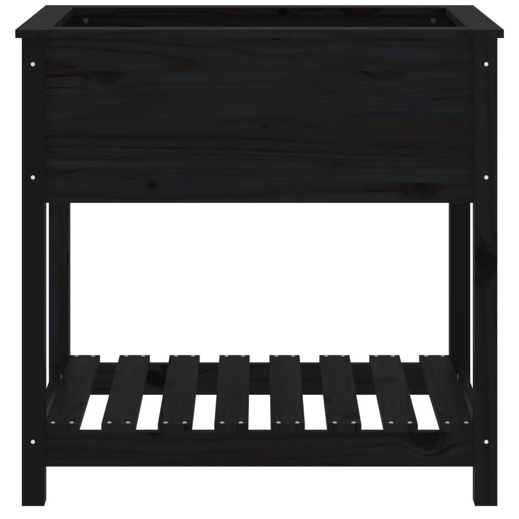 Jardinera con estante negro, 82,5 x 54 x 81 cm, madera maciza de pino para balcón y patio, jardinera elevada ergonómica con amplio espacio para plantas, huerto y hierbas aromáticas,