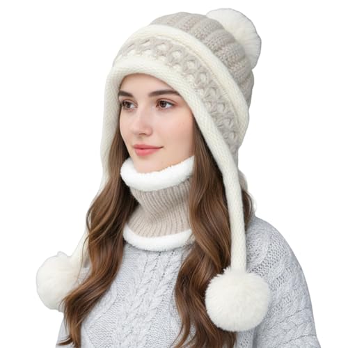 HUAMULAN Women Winter Beanie Hat Circle Scarf Set Pompoms Peruvian Ski Snow Ear Flaps Sherpa Knit Hats Neck Warmer Set Fleece Lined Slouchy Skull Cap Cold Weather