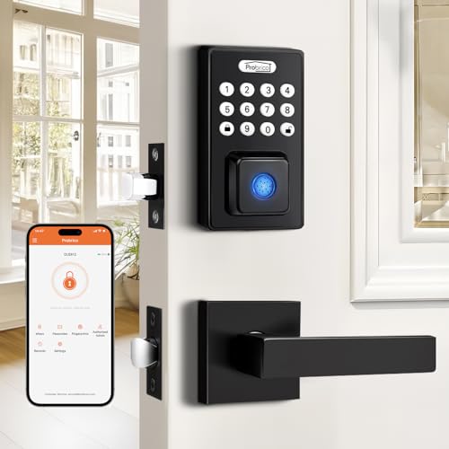 Probrico Keyless Entry Door Lock with Handle, Smart Locks for Front Door, Black Keypad Door Lock with Handle Fingerprint Lock, Electronic Keypad Deadbolt Lever, App Control, Auto Lock