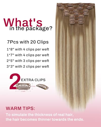 Image of Moresoo Light Brown Balayage Clip in Hair Extensions Human Hair Straight Heat-Stylable Human Hair Clip in Extensions Ombre Light Brown to Medium Blonde Thick 135g /7pcs 18 inch
