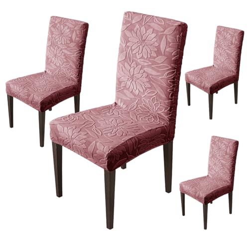 Image of House of Quirk Stretchy Universal Camellia Jacquard Waterproof Chair Cover Removable & Washable Short Dining Chair Cover Protector Seat Slipcover (Maroon,Pack of 4)