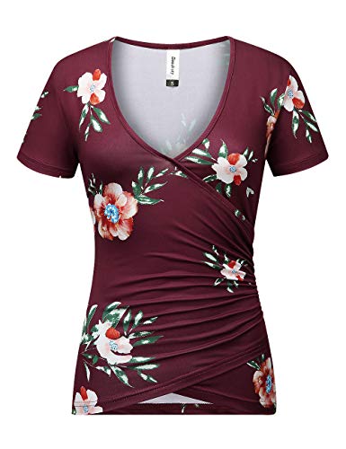 Beauhuty Women's Deep V Neck Short Sleeve Front Wrap Ruched Sexy Slim Fit Tops