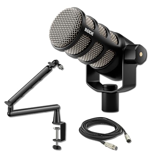 Image of Rode PodMic Cardioid Dynamic Broadcast Microphone with Lowpro Microphone Boom Arm and XLR Cable