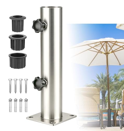 Fuutilake Pied de parasol 57 mm - Support de tube réglable avec 3 anneaux de réduction (32/40/50 mm), pour parasols jusqu'à 20 kg, avec clous en acier et matériel de fixation pour bois/béton, gain de