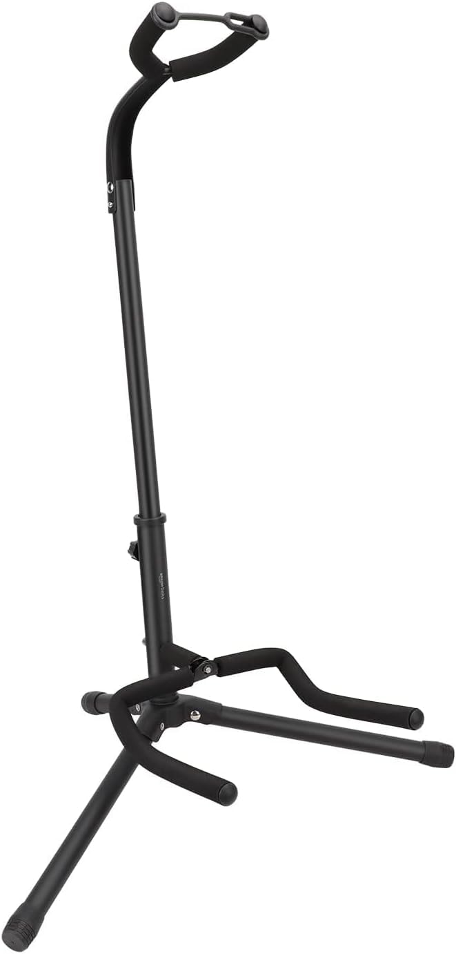 Amazon Basics Height Adjustable Foldable Guitar Stand with Secure Support, Padded Non-Slip Floor-Stand for Acoustic, Electric, Bass and Banjos, Portable Display-Stand, Black (Pack of 10)