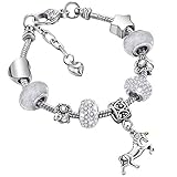 Verstellbares Einhornarmband: 14 cm/ 5,5 Zoll verstellbares versilbertes Bettelarmband, passend für die meisten Mädchen, zusätzliche 5 cm/ 2 Zoll Herzverlängerungskette für flexible Passform