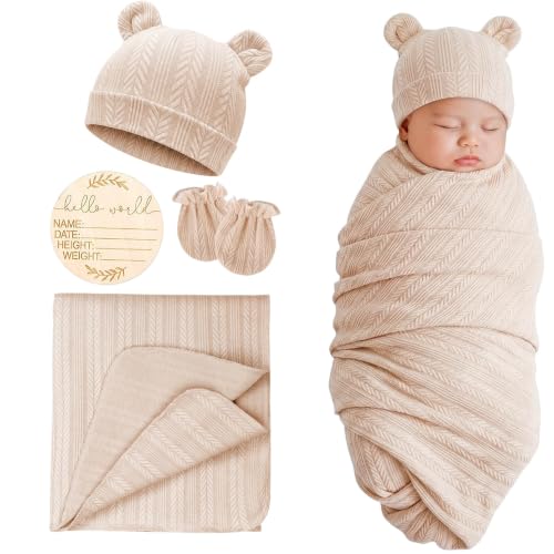 Image of DRESHOW BQUBO Newborn Receiving Blankets for Baby Girl Boy Swaddle with Bear Hat No Scratch Mittens Announcement Card Set for 0-3 Months