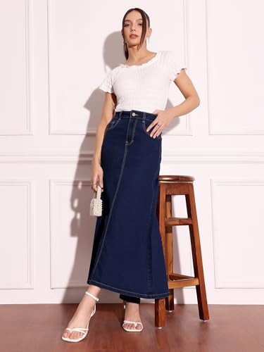 Image of Miss Chase Women's Regular High Rise Above Knee Stretchable Denim Skirt