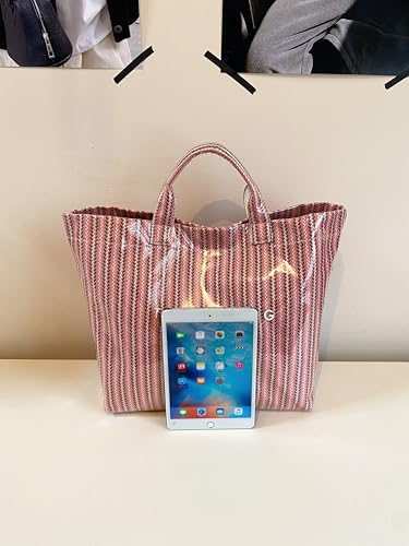 Image of Lushandy Striped PVC Tote Bag for Women, Waterproof Plastic Tote Bag for Beach Pool Large Top Handle Travel Hobo Handbag