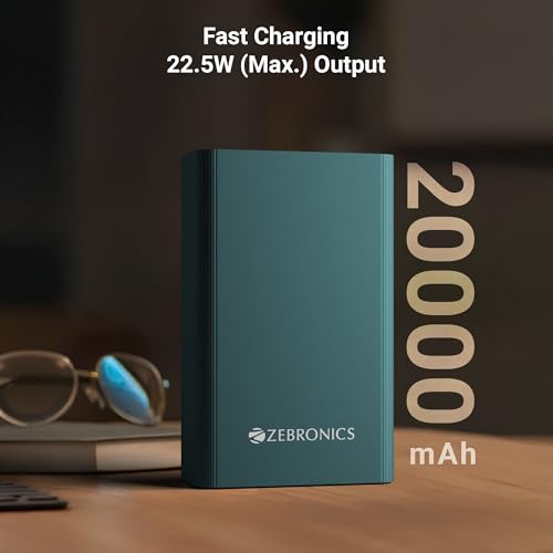Image of ZEBRONICS EnergiTank 20MR1, Metal Power Bank, 20000 mAh, 22.5W Super Fast Charging PD 3.0 (PPS), Dual Type C & USB Port, LED Indicator, for iPhone, Android, Tablets, Airpods (Olive)