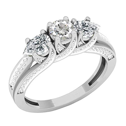 Dazzlingrock Collection Sterling Silver Pear Lab Created White Sapphire & Round Diamond Bridal 3 Stone Ring (Size 6.5)