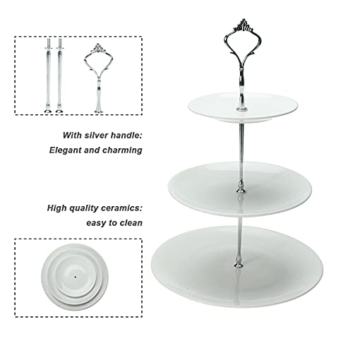Erfo 3-Tier Ceramic Cake Stand, Round Pastry Cupcake Stand, White Dessert Serving Tray Platter Elegant Serving Rack With Silver Handle Great For Tea Party, Weddings, Birthday (Zy-0140) #TOP3