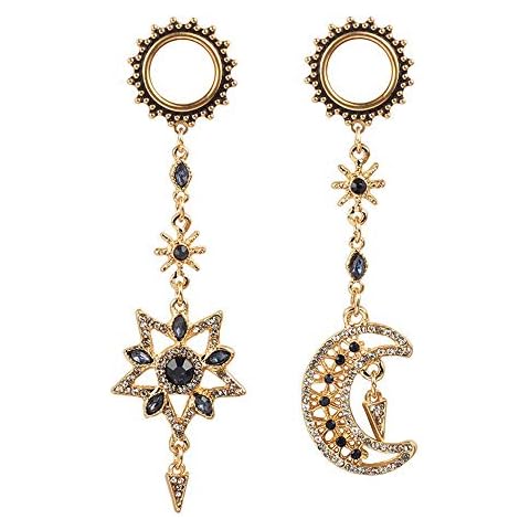 Casvort 2 PCS 6mm (2g) Hypoallergenic 316 Stainless Steel Beautiful Asymmetrical Gold Moon Star Dangle Ear Plugs Tunnels Gauges Stretcher Piercing Body Jewelry Cover