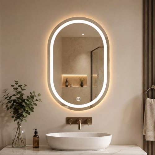 Image of 24x24 Inch Round Glass Wall Mounted LED Mirror with Smart Touch Sensor & 3 Color Lights (Warm, Cool, Natural) for Bathroom, Washbasin & Vanity (Capsule)