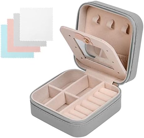Aucuu Jewelry Organizer With Mirror Jewelry Box, Women's Small Jewelry Organizer, PU Leather Travel Case Jewelry Box for Rings, Studs, Necklaces and Other Jewelry Storage (Grey)