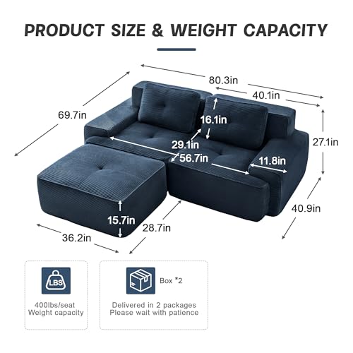 Image of 82 inch L Shaped Modular Boneless Couch with Movable Ottoman, 2 Seat, Soft Corduroy Fabric, Deep Seat Cloud sectional Sofa with Pearl Like Piping and Tufted Design, No Assembly, Anti Slip, Blue
