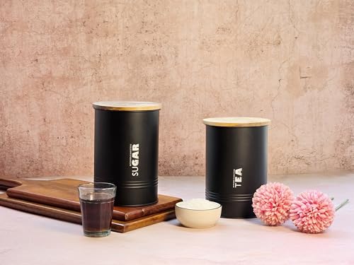 Image of JISCOVERY Airtight Tea & Sugar Container Set of 2| Metal Storage Canister with Wooden Lid for Kitchen| Storage Box for Kitchen Counter Top| 1300 ML| Black
