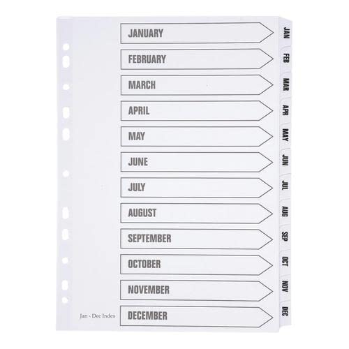 Office Index Jan-Dec Multipunched Mylar-Reinforced Strip Tabs 150gsm A4 White Free finchley Refill Pen (8)