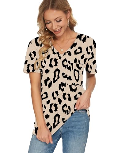 MOLERANI Chemises à col en V à Manches Courtes pour Femmes T-Shirt décontracté (M, HR Léopard)