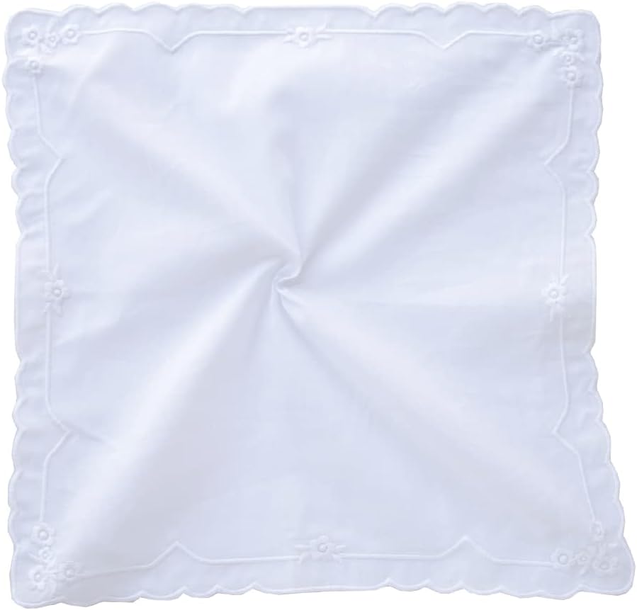 Women's Cotton Handkerchiefs Embroidered Scalloped White Hankies Ladies Wedding Gift