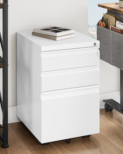 YITAHOME Armario Archivador Móvil, 3 Cajones Cajonera de Oficina con Ruedas, Metalico Mueble Oficina Archivador con Cerradura y Llave para Carta/A4, Blanco, 46 x 39 x 62cm - imagen 7