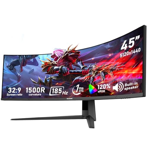 Image of Gawfolk 45 inch Ultra-Wide Curved 1500R Gaming Computer Monitor, DQHD(5120x1440) PC Screen, 185Hz, 1MS, FreeSync, 120% sRGB, Built-in Speaker, HDMI2.1 & DP1.4, Compatible Wall Mount 100 * 00mm- Black