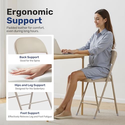 HealSmart 4 Pcs Folding Chairs with Leather Padded Cushion Seats, Back & Sturdy Metal Frame, Stackable, Portable, Commercial Event Seat, Indoor Outdoor for Parties, Home Event, Office, Tan