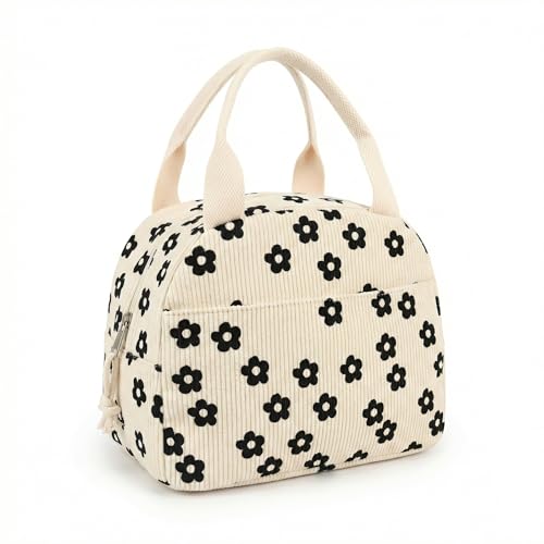 Corduroy Insulated Lunch Bag - Reusable Leakproof Cooler Bag for Kids & Adults, Large Capacity Cute Lunch Box Tote for Work, School, Picnic & Travel (Black Flower)