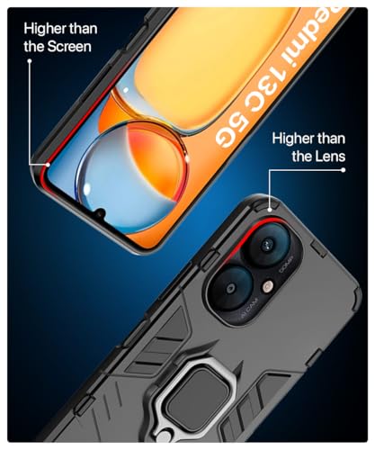 Image of WOW IMAGINE Shock Proof Back Case Mobile Cover for Xiaomi Redmi 13C 5G | Poco M6 5G | Bumper Case (Tough Armor | Hybrid PC + TPU | Full Protection with Ring Holder & in-Built Kickstand | Black)