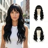 QITAQOTA 26 Inch Natural Black Body Wave Wig for Women with Air Bangs - Heat Resistant Synthetic Wig, Breathable Cap & Free Wig Cap, for Daily Wear, Cosplay, Date & Party