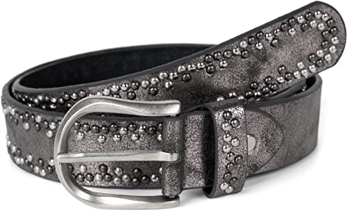 styleBREAKER Nietengürtel mit mehrfarbigen kleinen Nieten, Gürtel Kunstleder Einfarbig, kürzbar, Hüftgürtel Unisex 03010071, Farbe:Antik-Grau, Größe:90cm