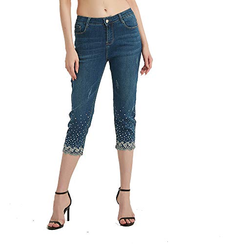 Lisskolo Women's Capri Jeans Embroidered Stretch Mid-Rise Skinny Cropped Denim Jeans Capris