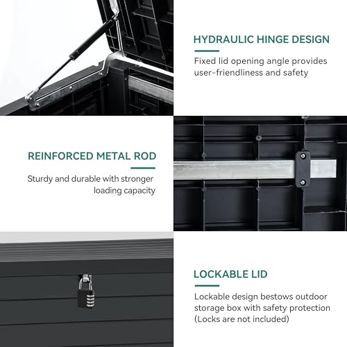 DWVO 120 Gallon Large Deck Box Waterproof Outdoor Storage Box, Extra Large Outdoor Storage Bin, Resin Louvered Patio Storage for Indoor Outdoor Pillows, Garden Tools & Pool Supplies, Lockable, Black - Thumbnail 6