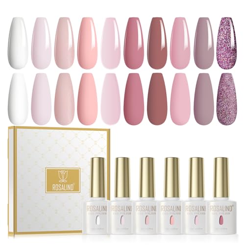 ROSALIND Esmaltes Semipermanentes, 10 Colores Blanco Nude Oscuro Claro Rosa Morado Avena Colores Pintauñas Semipermanentes, UV LED Pintauñas Gel para Principiantes Manicure Regalo
