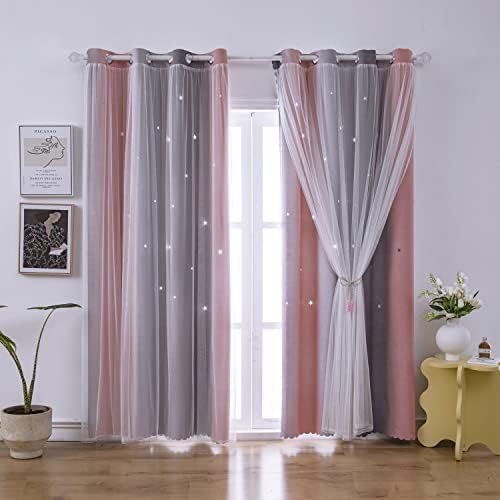 Rainbow Ombre Star Cutouts Blackout Curtains for Girl Kid Nursery Bedroom and Living Room Decor Darken Double Layer Window Cute Grommet Curtains Soundproof Light (Pink Grey 52W X 84L 2- Panels)