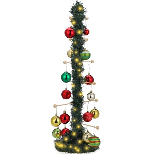 Beeveer Christmas Tree Ornament Stand Holder with Light Pine Garland Wooden Christmas Hanger Rack for Counter Top Ornament Display Desktop Tree Holiday Party (29.53 Inches)
