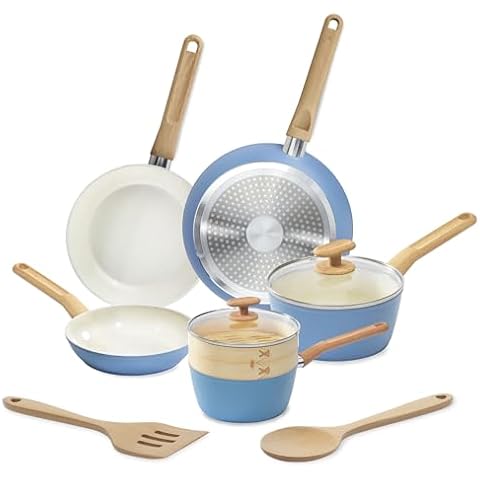 GoodCook 10-Piece Healthy Ceramic Titanium-Infused Cookware Set, Light Blue – Pots, Pans, Steamer, Spoon & Turner – Induction Cookware, Kitchen Pots & Pans Set, Nonstick Cooking Pan Set Cover