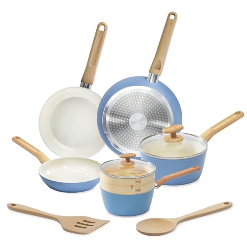 GoodCook 10-Piece Healthy Ceramic Titanium-Infused Cookware Set, Light Blue – Pots, Pans, Steamer, Spoon & Turner – Induction Cookware, Kitchen Pots & Pans Set, Nonstick Cooking Pan Set by GoodCook - Used condition - US$44.59