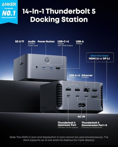 Anker Prime TB5 Docking Station, 14-in-1 Thunderbolt 5 Dock with 120Gbps Max Transfer, Thunderbolt Dock with 140W Max Charging, Cooling System, Up to 8K, Dual Display for TBT 5/4 Laptops - 1