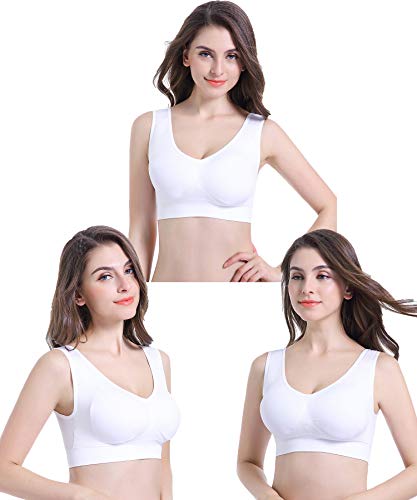 PRETTYWELL Sleep Bra for Women, Seamless Wireless Stretchy Sports Bra, Pack of 3 or 1, with Removable Pads, 3 Pack White 3XL