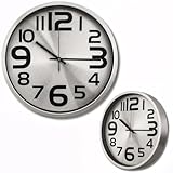 Relógio de Parede Silencioso Prata em Alumínio Decorativo Minimalista Moderno Cozinha Quarto Sala Escritório Redondo Fundo Escovado Ponteiro Segundos Contínuo Números Grandes
