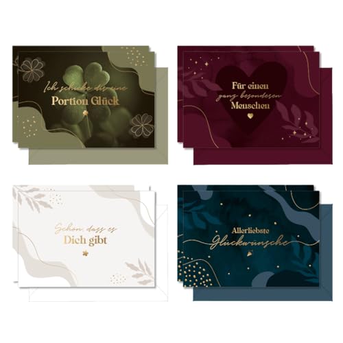 LEBENSKOMPASS 8er Grußkarten Set Blanko mit Goldprägung, 4 unterschiedliche Kartendesigns, 16-Teilig (8 Klappkarten + 8 Umschläge), Für Jeden Anlass, A6 Karten mit Umschlag in Hardcoverbox