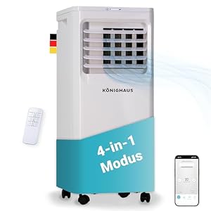 Könighaus Smart mobiele airco | Snel, stil & efficiënt (A) | 4-in-1: koelen, ontvochtigen, ventileren, luchtreinigen | met afstandsbediening | 7000 BTU (2,1 kW) | 24u timer & slaapstand